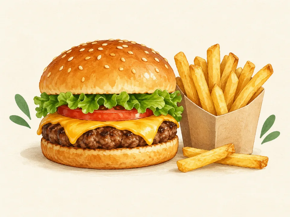 Ilustración de una hamburguesa con queso y una porción de papas fritas.