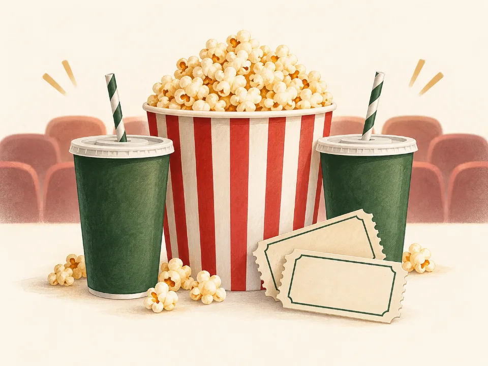 Ilustración de canchita, dos bebidas y dos entradas de cine.
