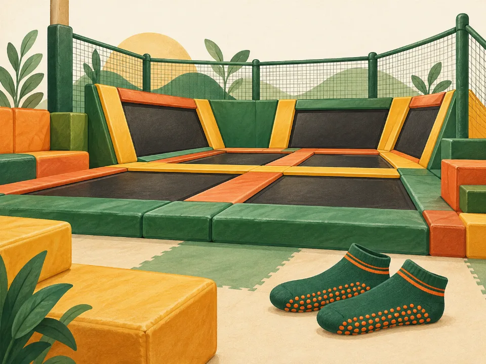 Ilustración de trampolines y un par de medias antideslizantes.
