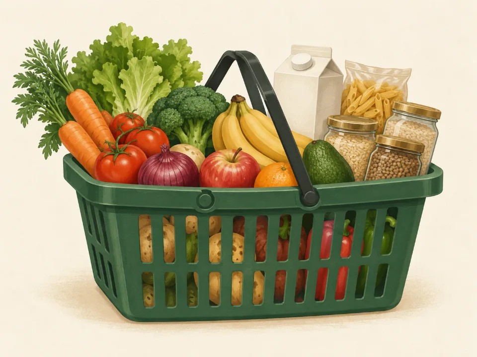 Ilustración de una canasta con alimentos y productos de supermercado.