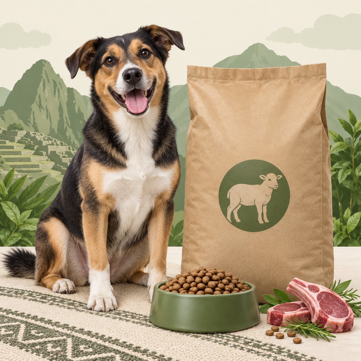 Ilustración de un perro adulto junto a una bolsa genérica de alimento seco con un icono de cordero.