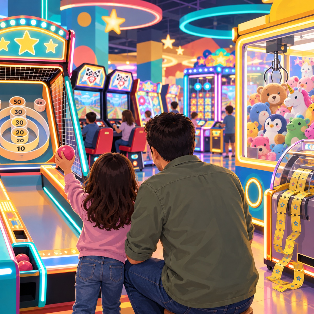 Ilustración de una familia frente a máquinas recreativas iluminadas, un juego de habilidad y una máquina de premios.