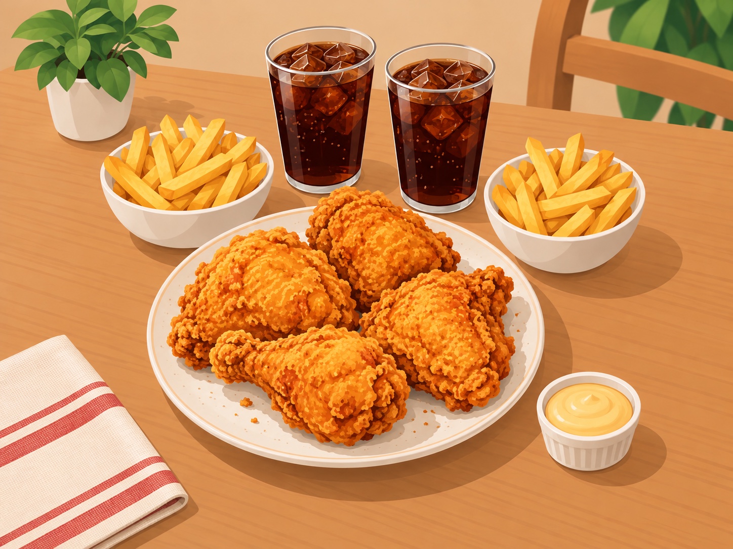 Ilustración de cuatro piezas de pollo frito con dos porciones de papas, dos gaseosas y una salsa.