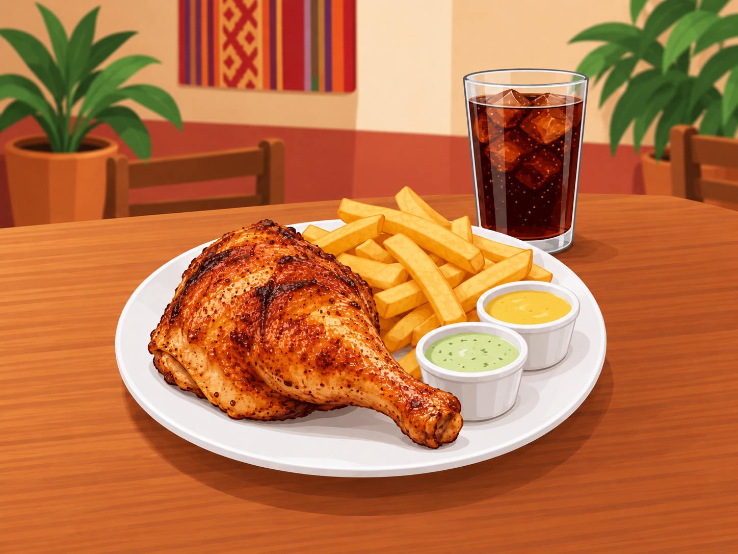 Ilustración de un cuarto de pollo a la brasa con papas fritas, gaseosa y dos salsas.